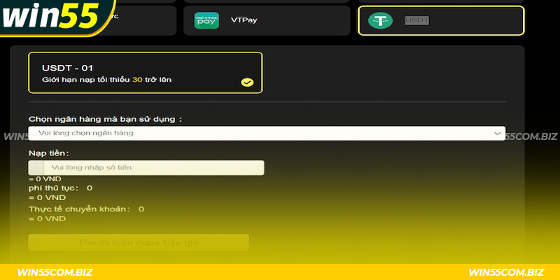 Nạp tiền Win55 qua USDT siêu mới mẻ